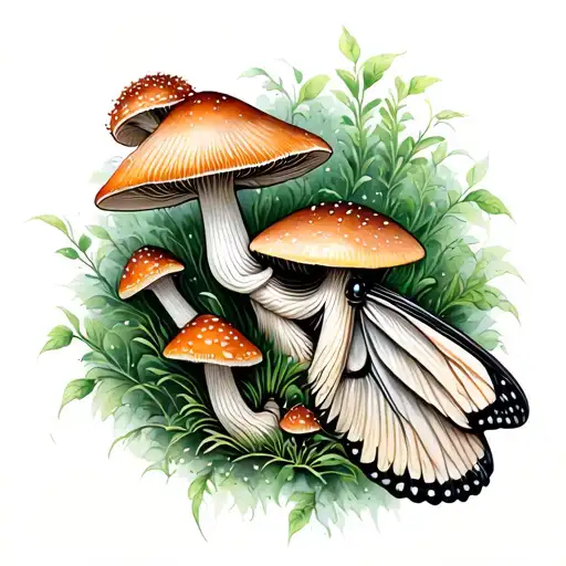 Lunar Moth With Ink Cap Mushrooms And Rhodotus Mushrooms Around Moth