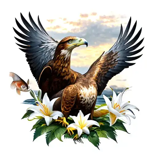 Eagle Perched With Lily And Fish And Stag
