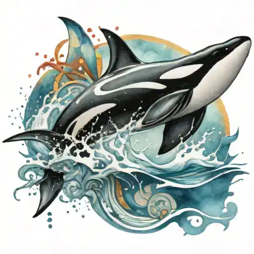 A Tribal Orca Breaches Through The Watersurface And Becomes A Watercolor Design Above