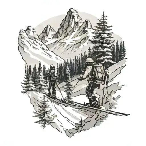 Skiers With Mountains And Trees In The Background