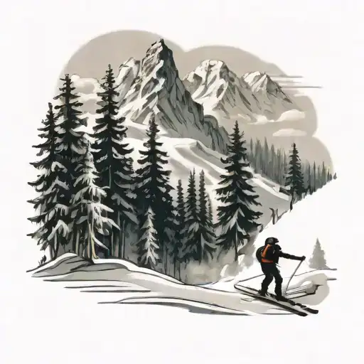 Skiers Skiing With Mountains And Trees In The Background