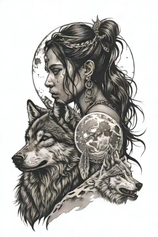 Indian Girl With Wolf Howling At The Moon