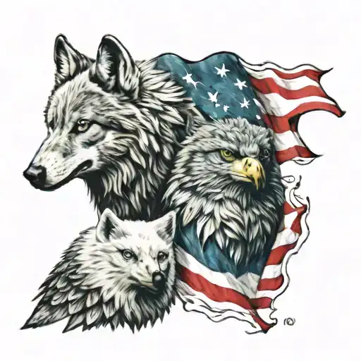 Wolf And Bald Eagle With Turkish And American Flag