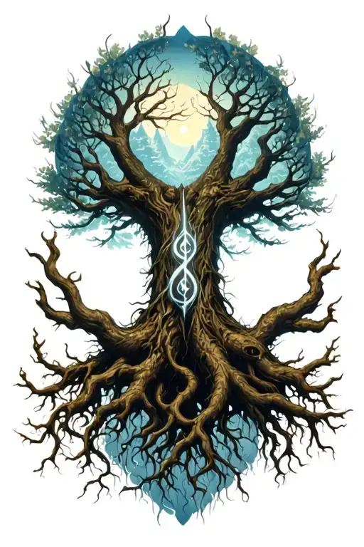 Norse Mythology Sleeve Tattoo Featuring Yggdrasill With The Roots Going To The Fingers