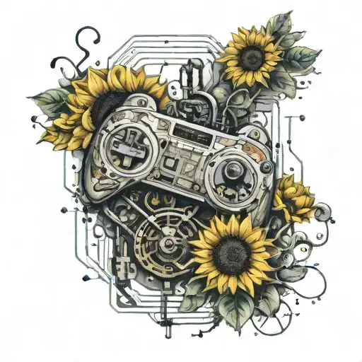 An Intricate Circuit Board Design Incorporating Elements Of Gaming Controllers And Sunflowers