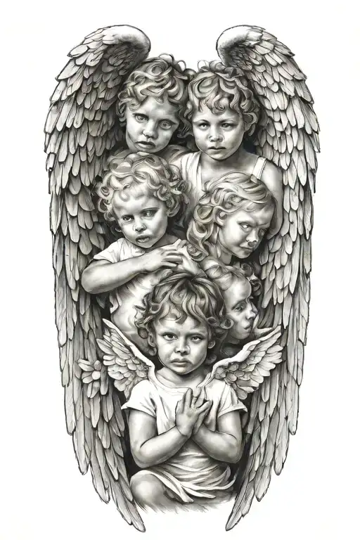 A Realistic Portrait Of Your Children With Angel Wings Symbolizing Their Innocence And Purity