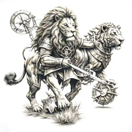 Fierce Lion Walking With Templar Knight Holding Kneeling With A Compass As The Background