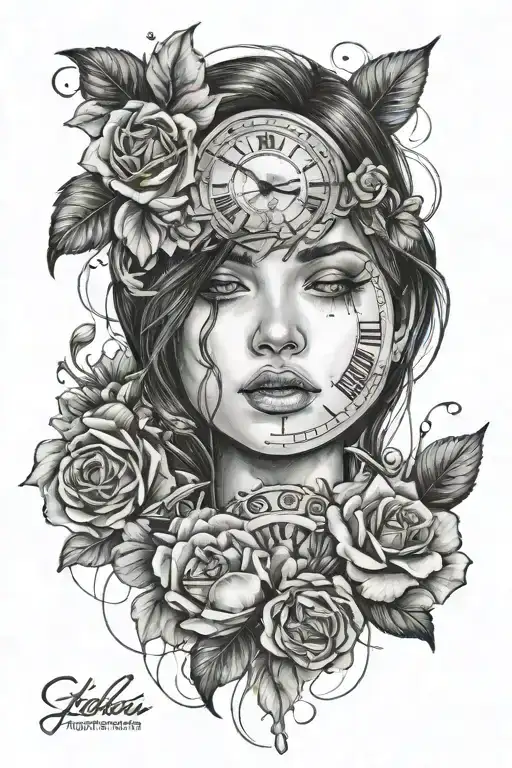 Girl Crying With A Clock Face And Flowers