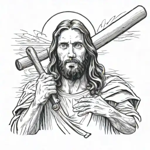 A Realistic Portrait Of Jesus Christ Holding A Baseball Bat