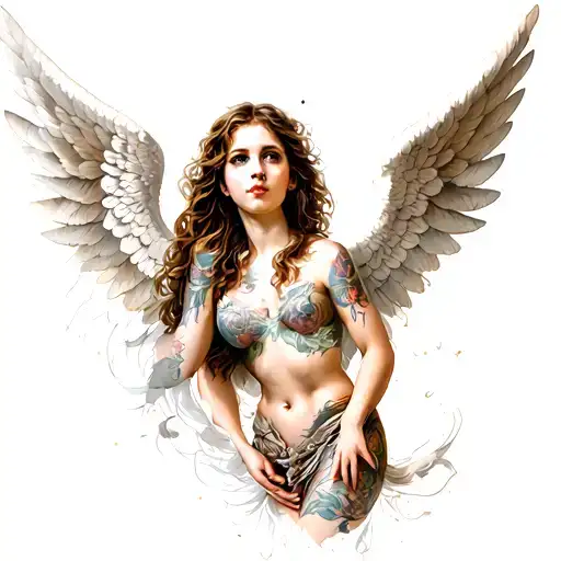 Pretty Angel Woman Body Side Ways With Big Long Wings Flying