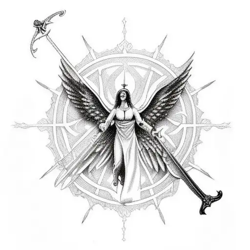 Male Angel With Sword Sorrounded By Crosses