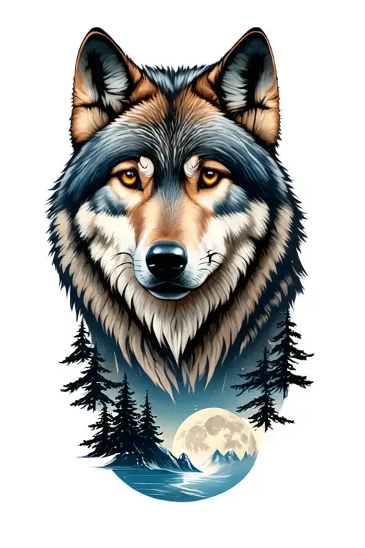 Wolf Face Mountains Moon And Trees