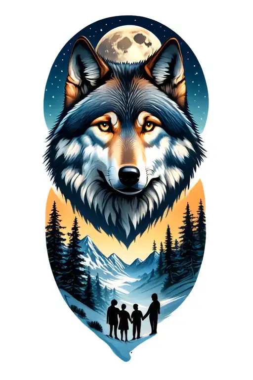 Wolf Face Mountains Moon And Trees With A Family Of 4 Standing Holding Hands