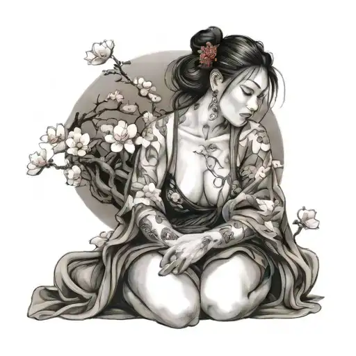Beautiful Woman Comitting Sepuku On Her Knees With A Japanese Cherry Blossom In The Background