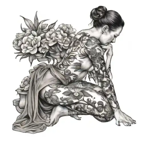 Beautiful Woman Comitting Sepuku On Her Knees