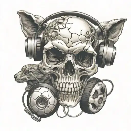 A Skull Wearing Headphones Surrounded By Soccer Balls And Cat Paw Prints