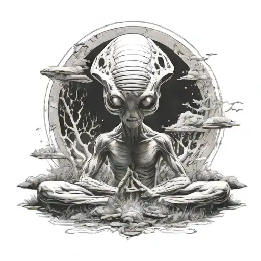A Serene Scene Of An Alien Meditating In A Peaceful Alien Landscape