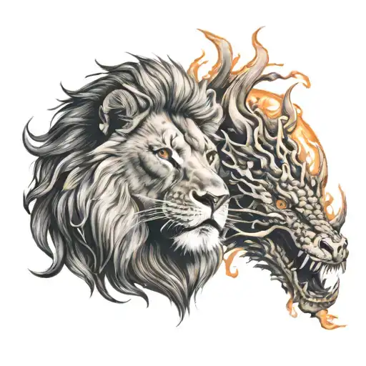 Lion And A Dragon With Flames Around