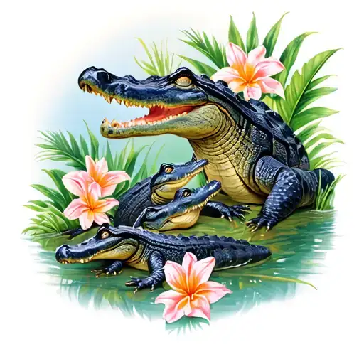 Alligator With Two Baby Gators Surrounded By Tropical Flowers