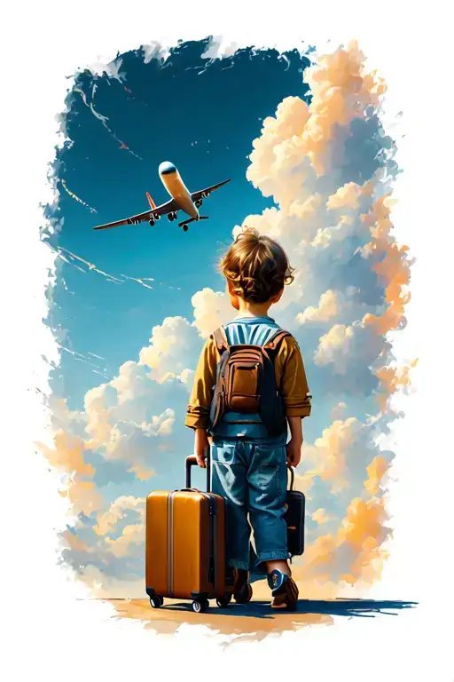Child With A Suitcase And A Plane Flying In The Sky