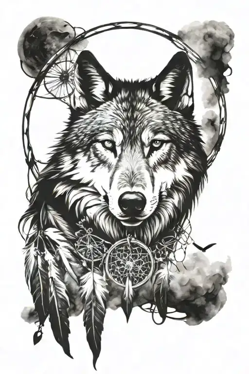Cresant Moon Shape Dream Catcher Wirt Howling Wolf Head In The Center