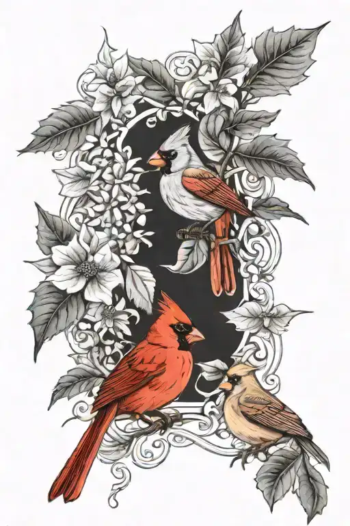 Male And Female Cardinals And Poinsetta