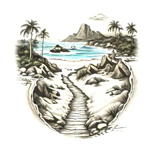 A Realistic Beach Scene With A Hiking Trail Leading Into The Distance