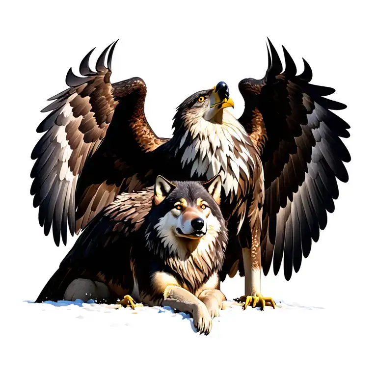 One Eagle With Wings Spread Covers A Wolf Looking Up Like Its Protecting The Wolf