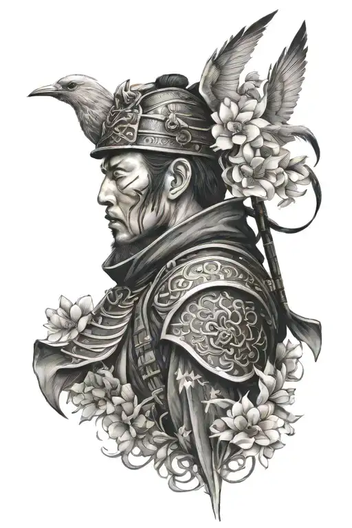 Side Profile Of A Samurai Warrior Wearing A Mask Surrounded By Crane Birds And Oriental Flowers