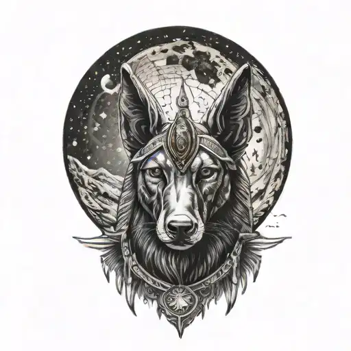 Anubis Facing Forward In Front Of Super Moon Surrounded By Stars