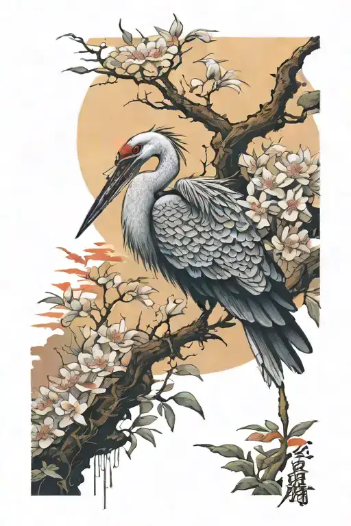Japanese Samurai Warrior Crane Flowers Trees Colors Sunset