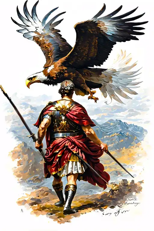 Roman Soldier On The Shoulder Blade Walking And An Eagle Flying