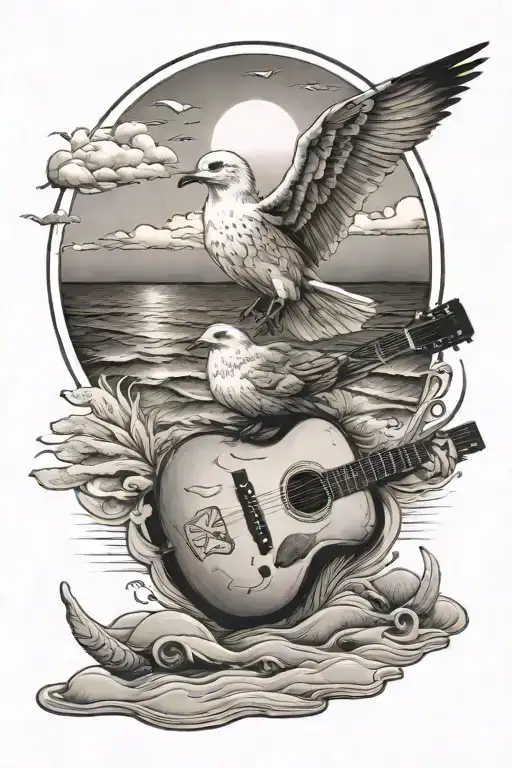 Seagull Playing Guitar On The Beach With The Sun Setting