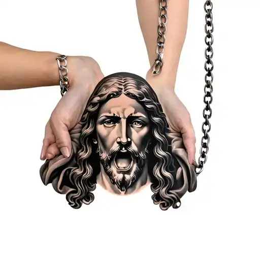 Women Holds Jesus Chain With Mouth