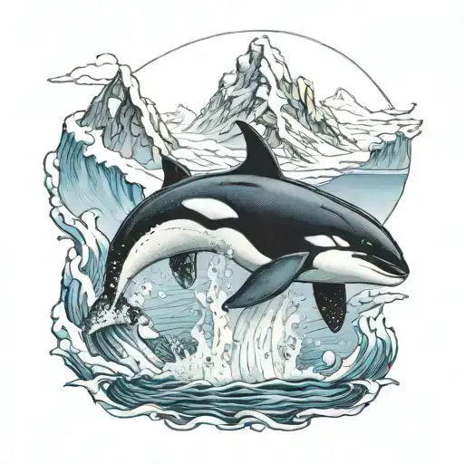 Pod Of Orcas Hunting With One Jumping Out Of Water And An Antarctic Background With Icebergs