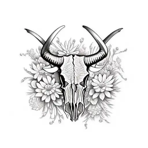 Longhorn Skull Half Covered With Flowers