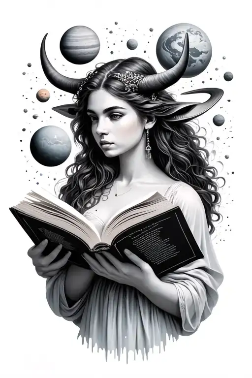 Black And Grey Taurus Woman Holding Open Book With Planets Coming Out Of The Book