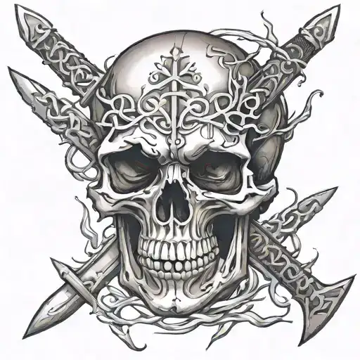 Fractured Skull With Celtic Swords Crossing Through With Background Art