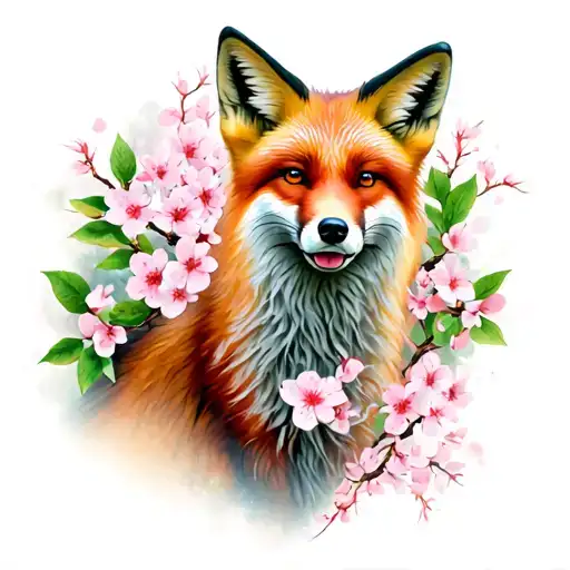 Fox With Cherry Blossoms