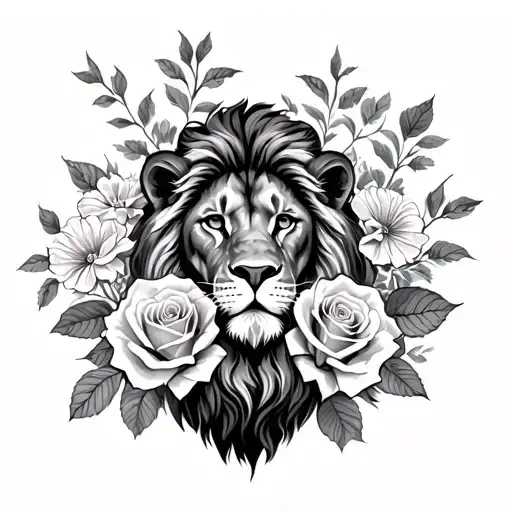 Lion And Roses And Carnation Flowers Surrounding