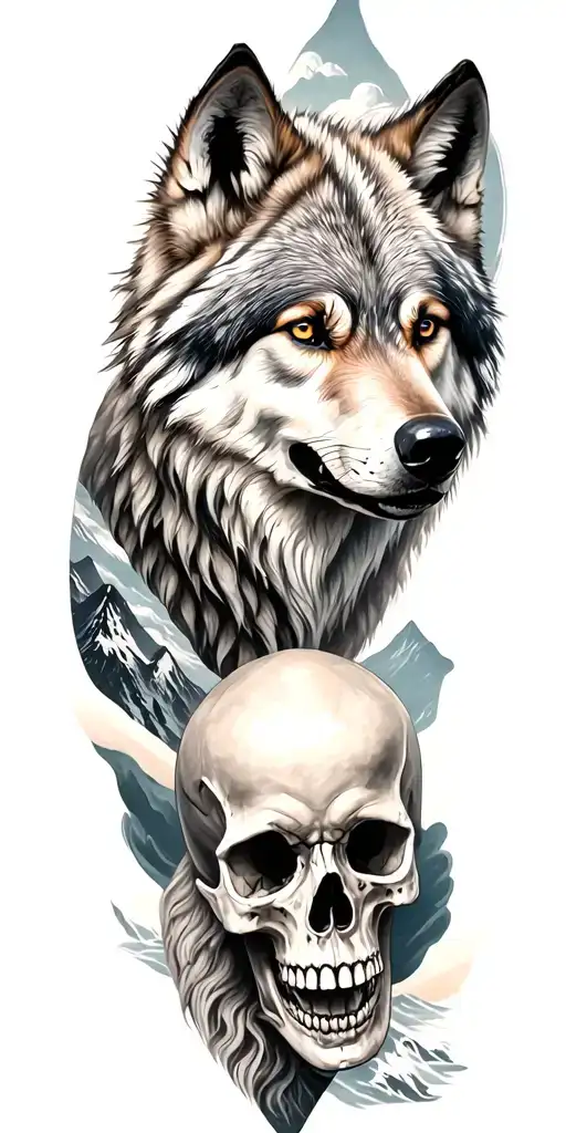 Wolf And Mountain Range And Skull