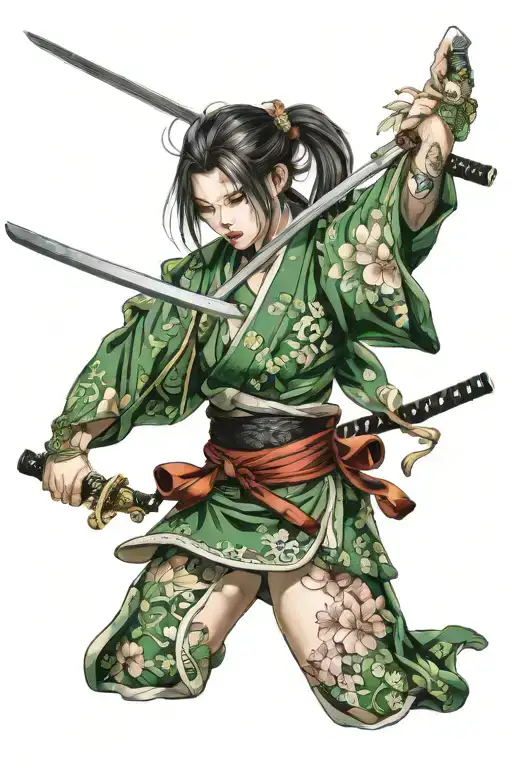 Woman Wearing Kimono Using Katana With Green Eyes