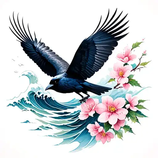Crow Flying With Sakura Flowers And Sea Waves Sept Sept