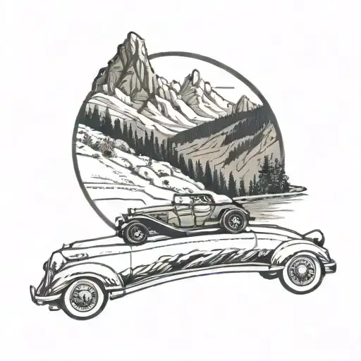 A Vintage Car Cruising Down A Scenic Road With A Mountain Backdrop