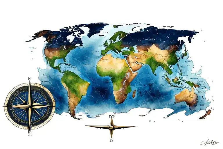 World Map Compass Plane Flying