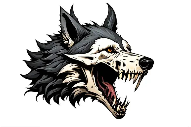 Side View Demon Wolf Head With Full Skull Head In Snarling Mouth