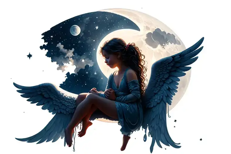 Baby Girl With Angle Wings Sitting On Moon