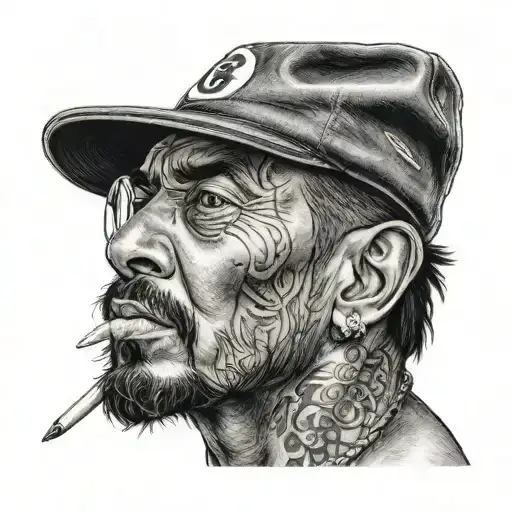 A Realistic Portrait Of A Cholo With An 8 Ball Tattooed On His Neck