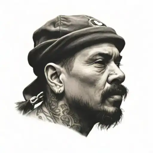 A Realistic Portrait Of A Cholo With An 8 Ball Tattooed On His Neck