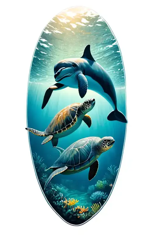A Dolphin And A Sea Turtle Swimming In The Ocean